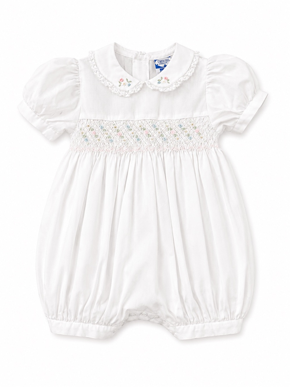 Carriage Boutique Heirloom piece Smocked Bubble Romper with Pastel Embroidery